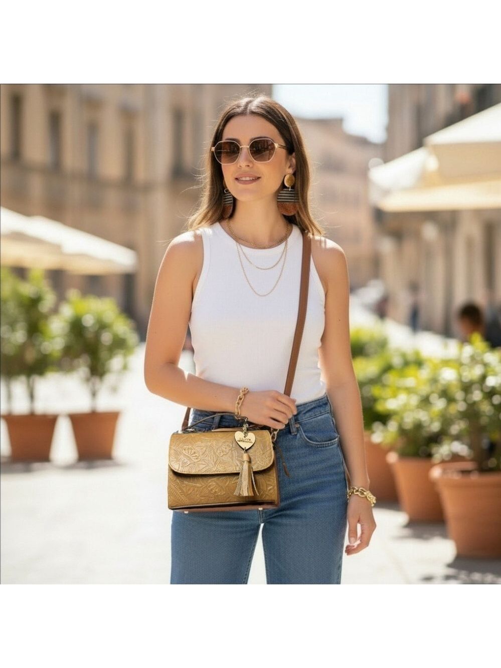 Camel Beige Sunflower Embossed Tooled Artisan LEATHER Crossbody bag Purse